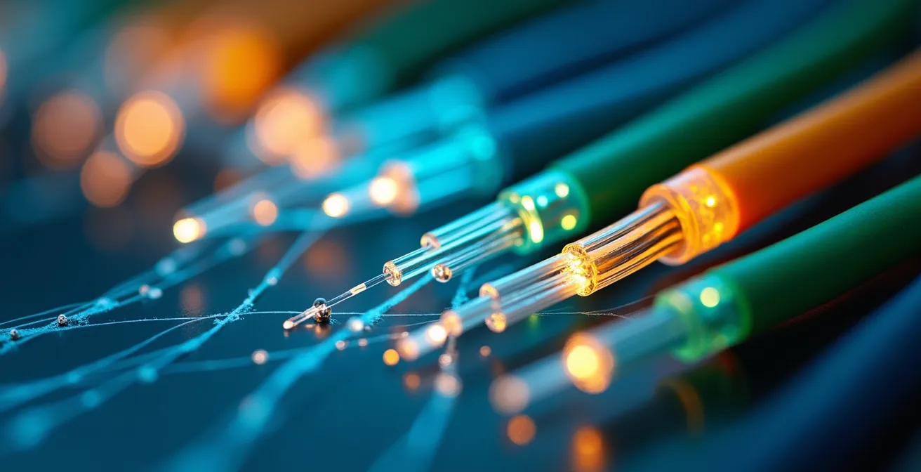 Vue macro de câbles de fibre optique colorés s'entremêlant symbolisant la transition