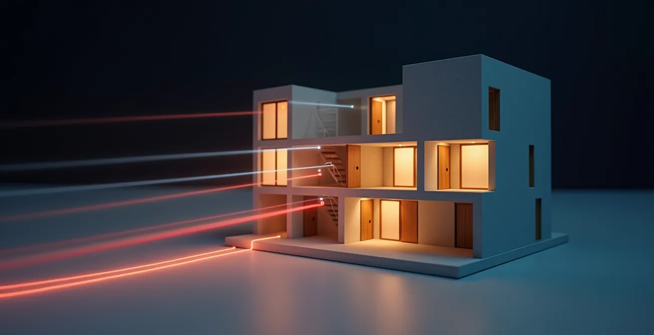 Coupe transversale d'un appartement montrant la propagation du signal wifi à travers différents matériaux de construction