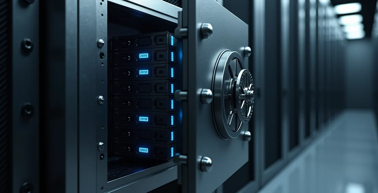 Coffre-fort physique contenant des disques durs dans une salle serveur sécurisée