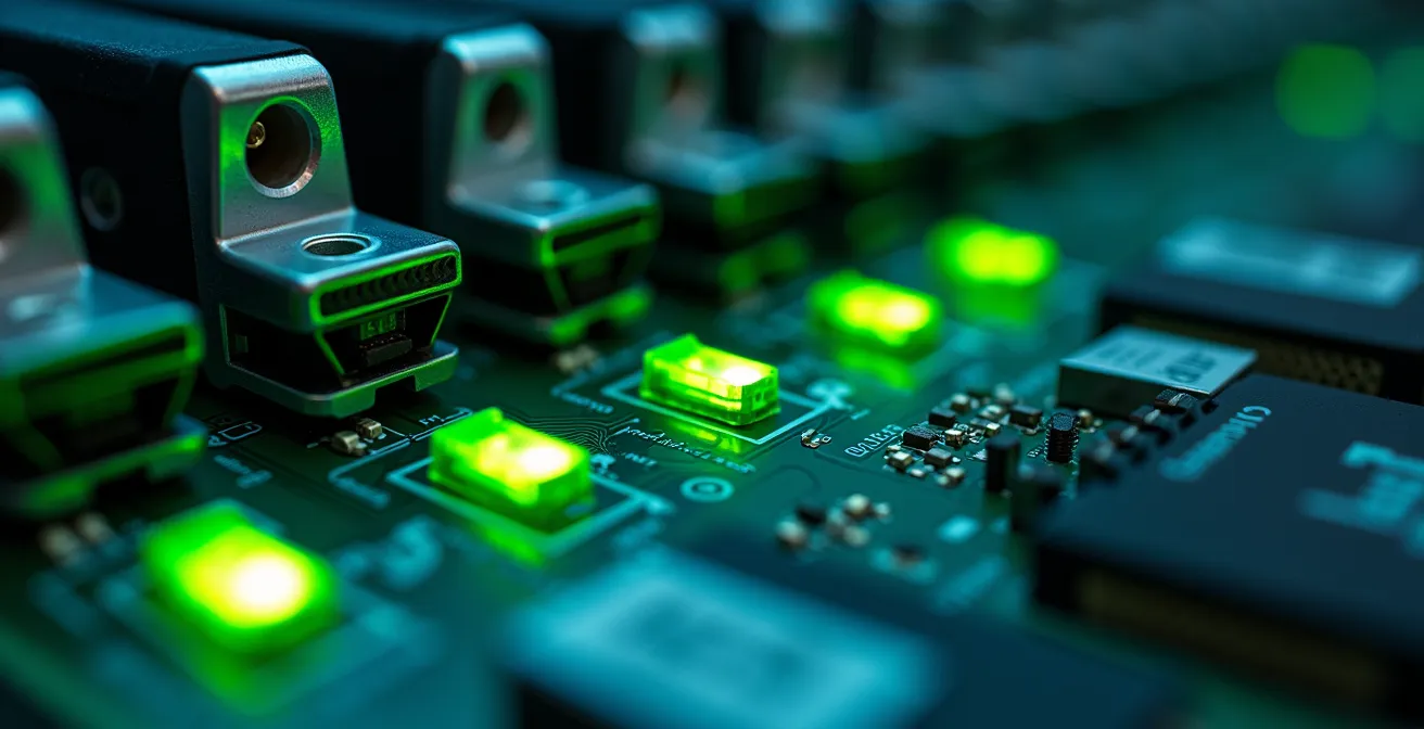 Gros plan sur un rack serveur avec des câbles organisés et des indicateurs de sécurité verts, symbolisant un système durci et protégé