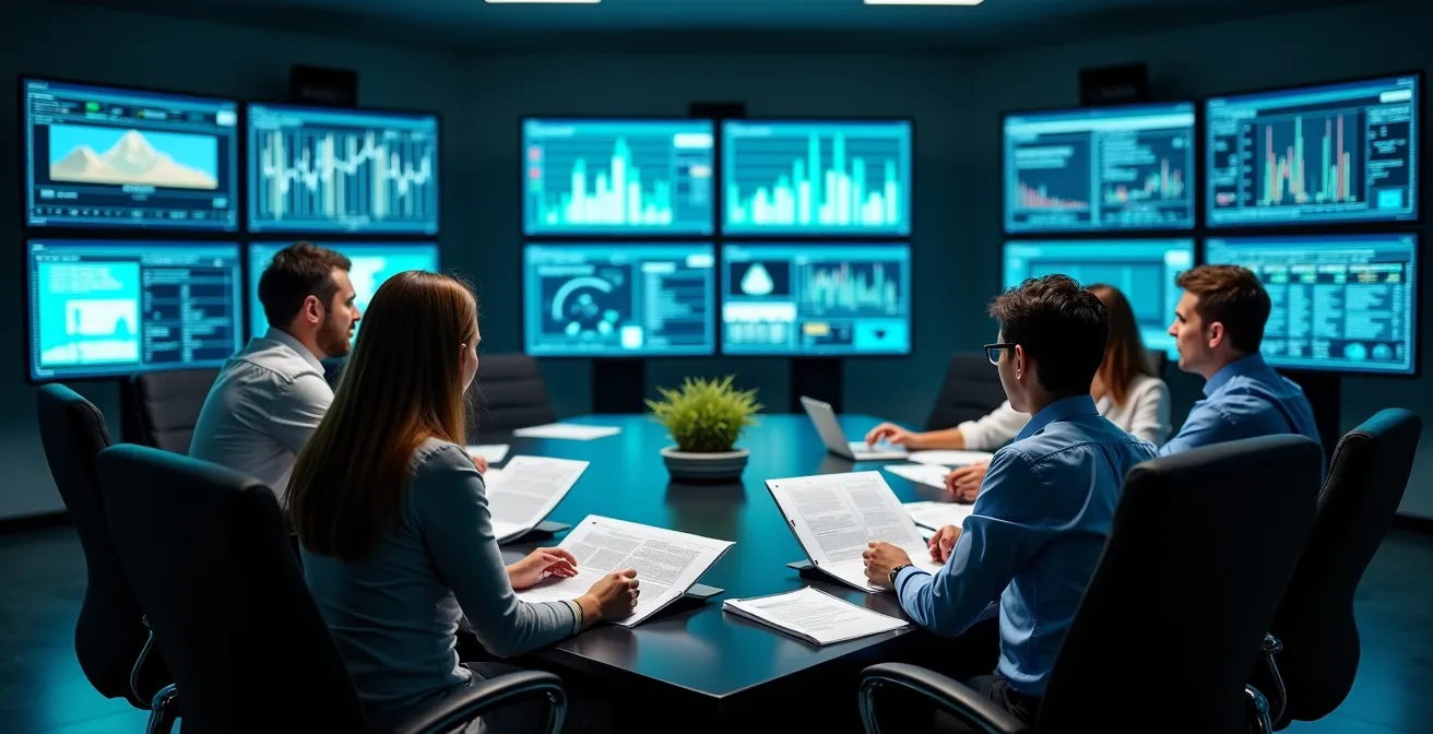 Une équipe de direction en réunion de crise simulée dans une salle de contrôle avec plusieurs écrans montrant des indicateurs d'activité.