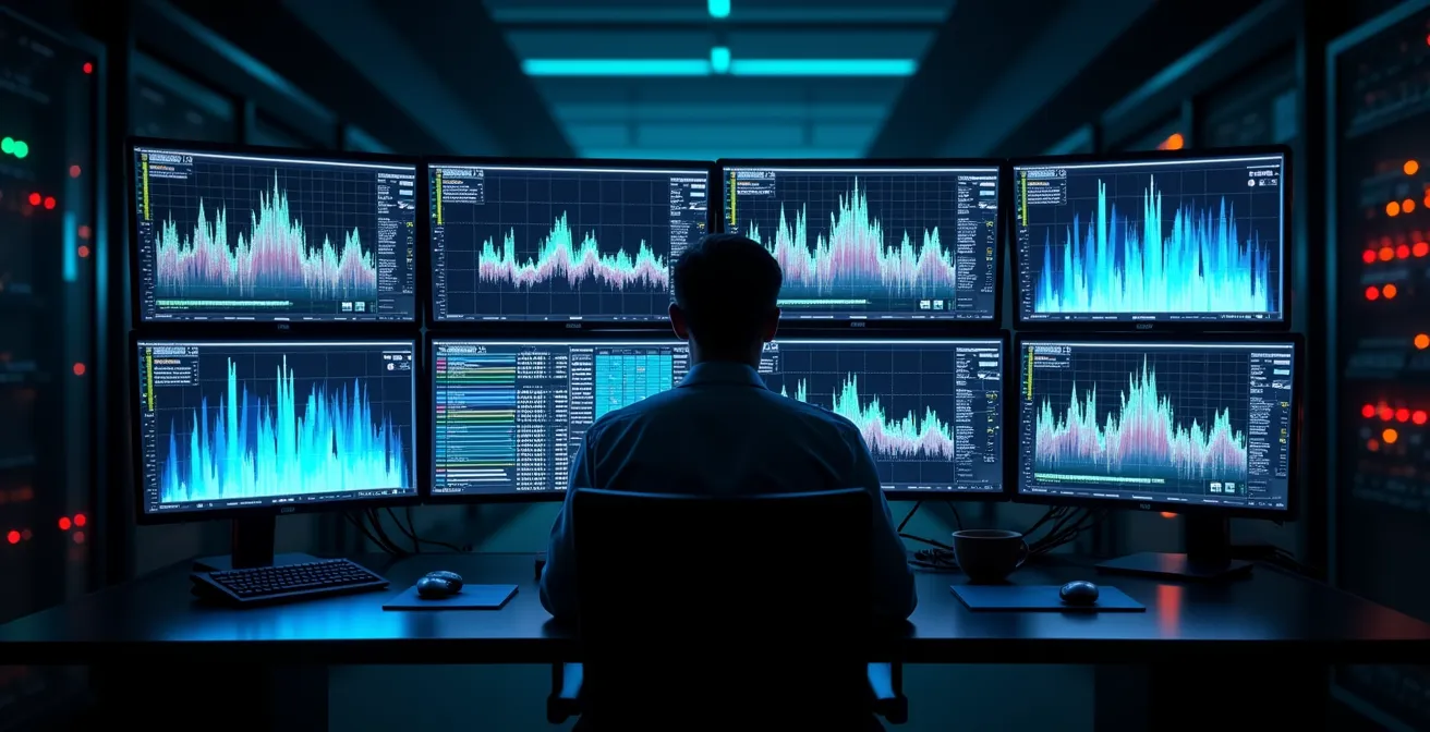 Vue minimaliste d'un centre de surveillance avec écrans montrant des graphiques abstraits