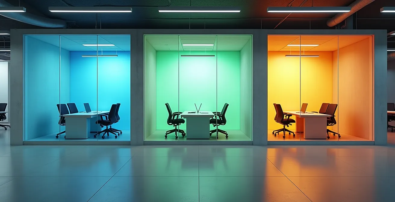 Vue grand angle d'un open space moderne avec zones d'accès différenciées par des jeux de lumière colorés