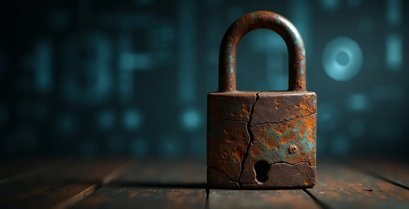 Composition symbolique montrant un cadenas fragile se fissurant sous la pression