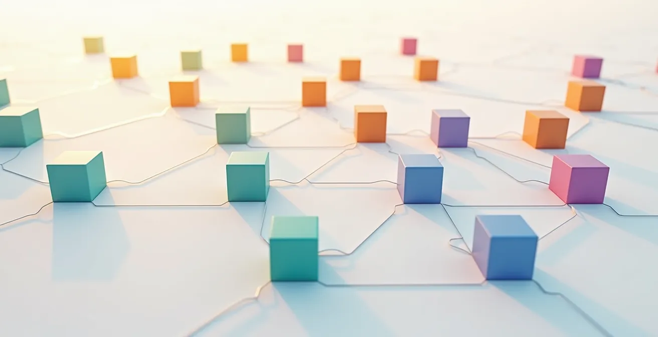 Vue aérienne de cubes interconnectés formant un écosystème numérique avec reflets dorés