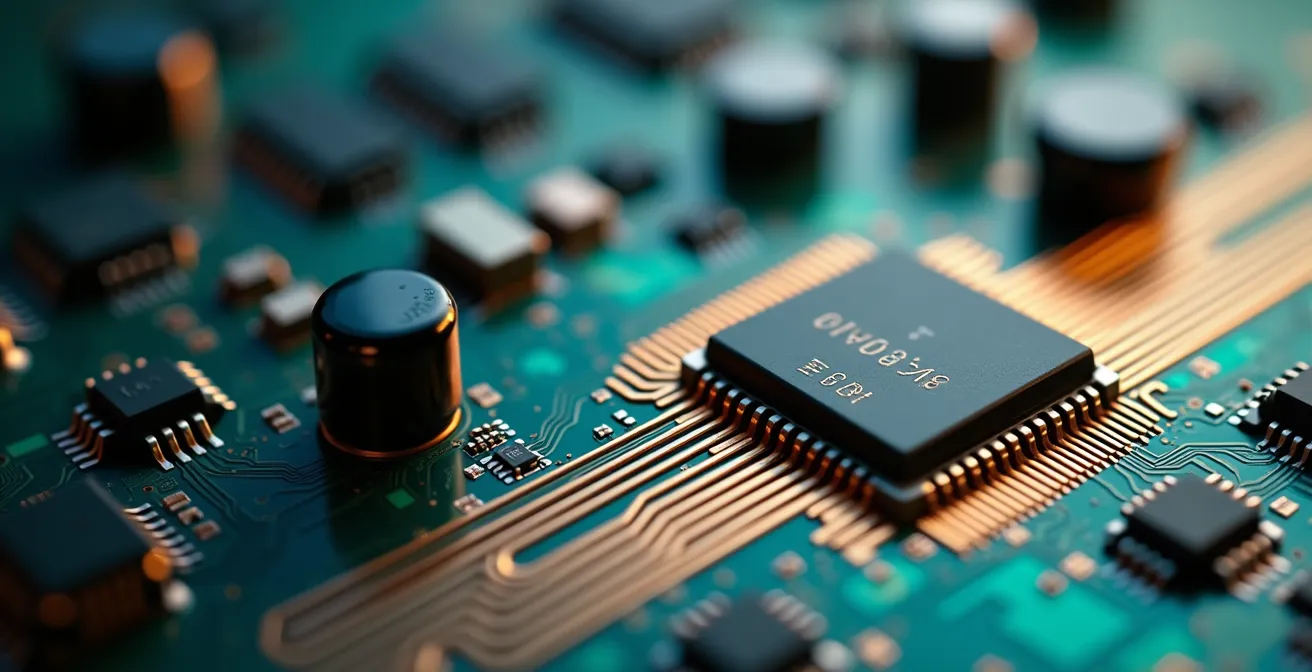 Vue macro détaillée de composants électroniques haute performance pour le traitement vidéo