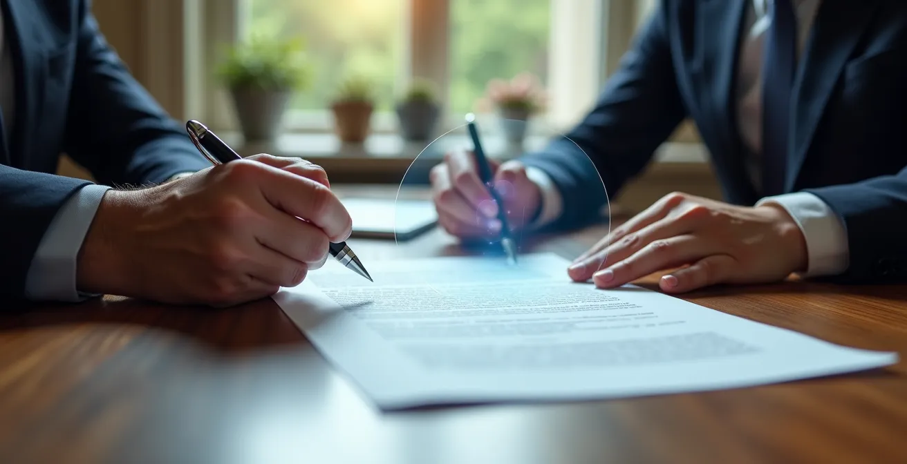 Mains professionnelles échangeant un document contractuel avec hologramme de bouclier de sécurité