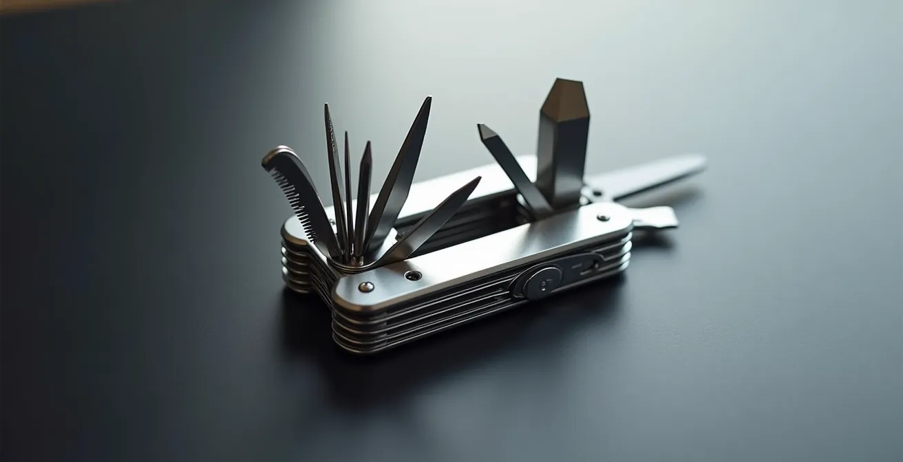 Représentation métaphorique de VLC comme un couteau suisse numérique avec multiples fonctionnalités